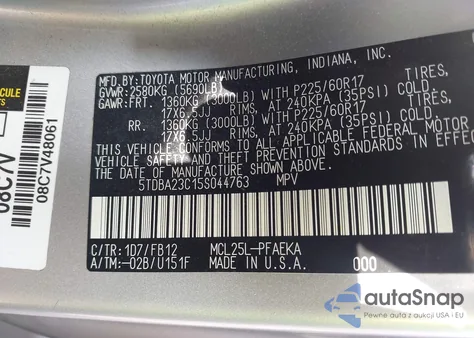 2005 Toyota Sienna Le z USA, uszkodzony, nr VIN 5TDBA23C15S044763